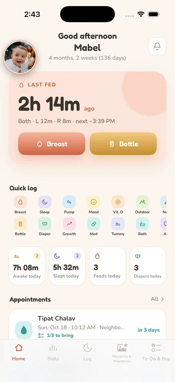 BabyTime on iPhone, in English and Hebrew